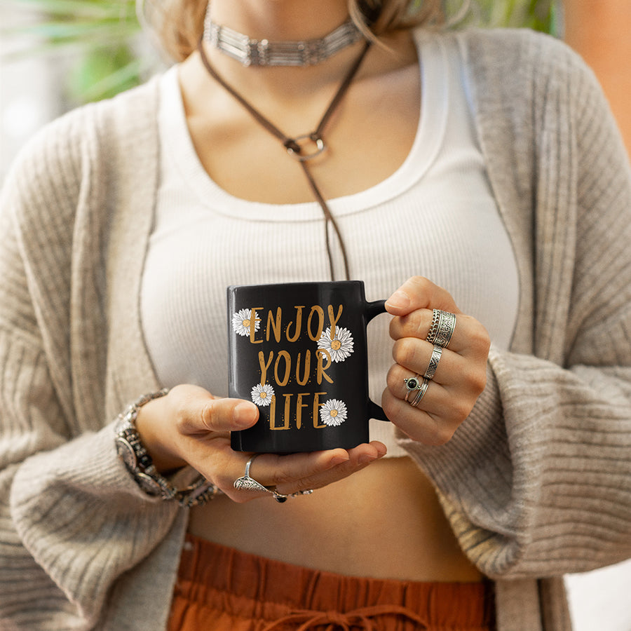 Enjoy your life sunflowers black 11oz mug