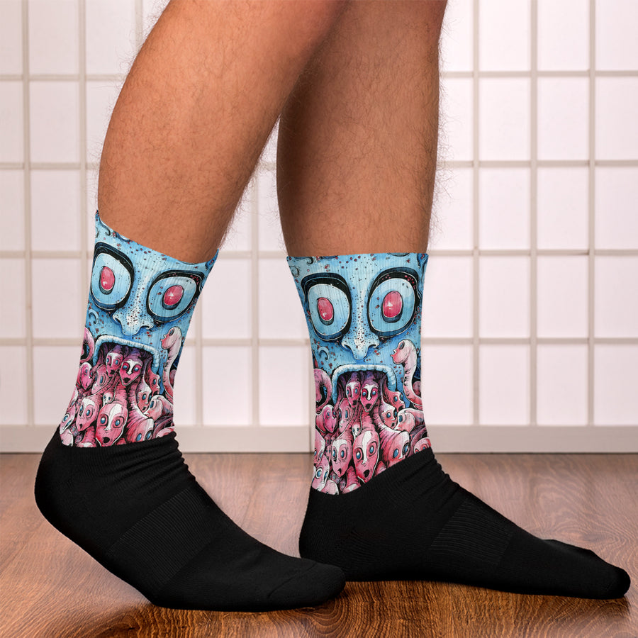 Faces throwing up faces illustration sublimated socks