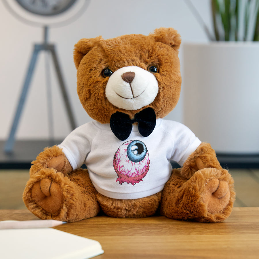 Teddy bear plush with Allistrations logo eye t-shirt
