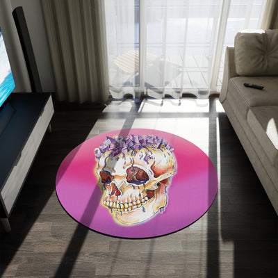 Pink fractal skull round rug