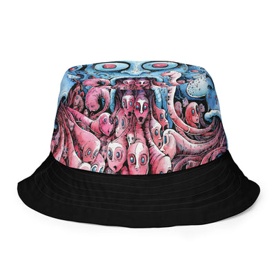 Faces throwing up faces illustration & mushrooms reversible bucket hat