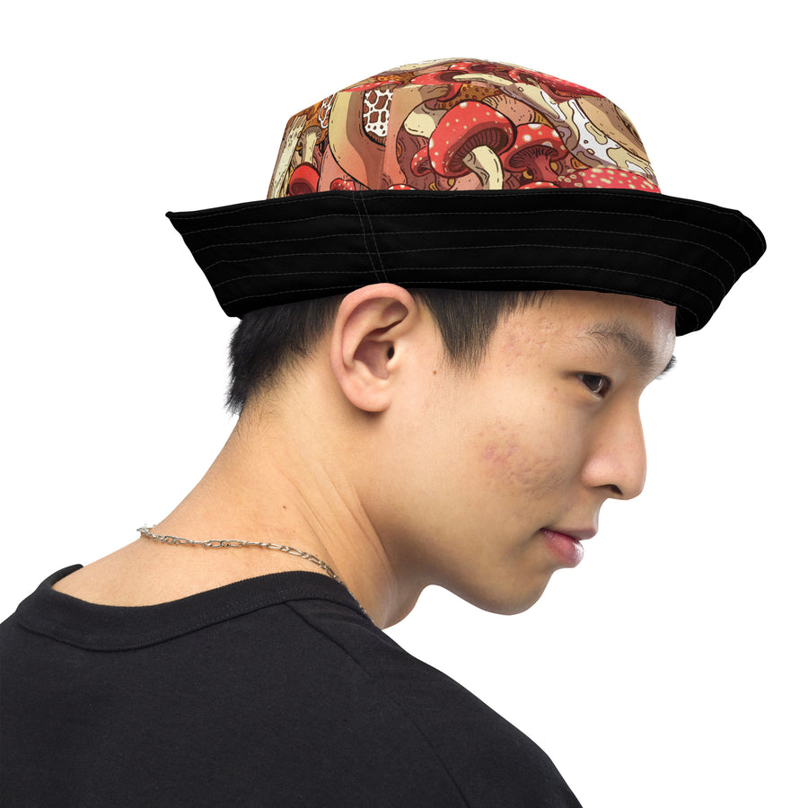 Faces throwing up faces illustration & mushrooms reversible bucket hat