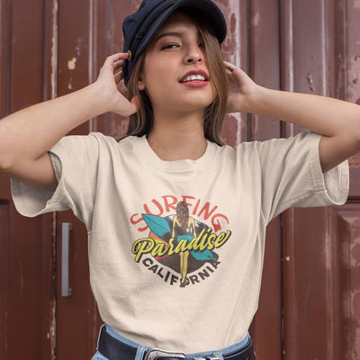 Surfing paradise California girl bella ladies flowy crop t-shirt