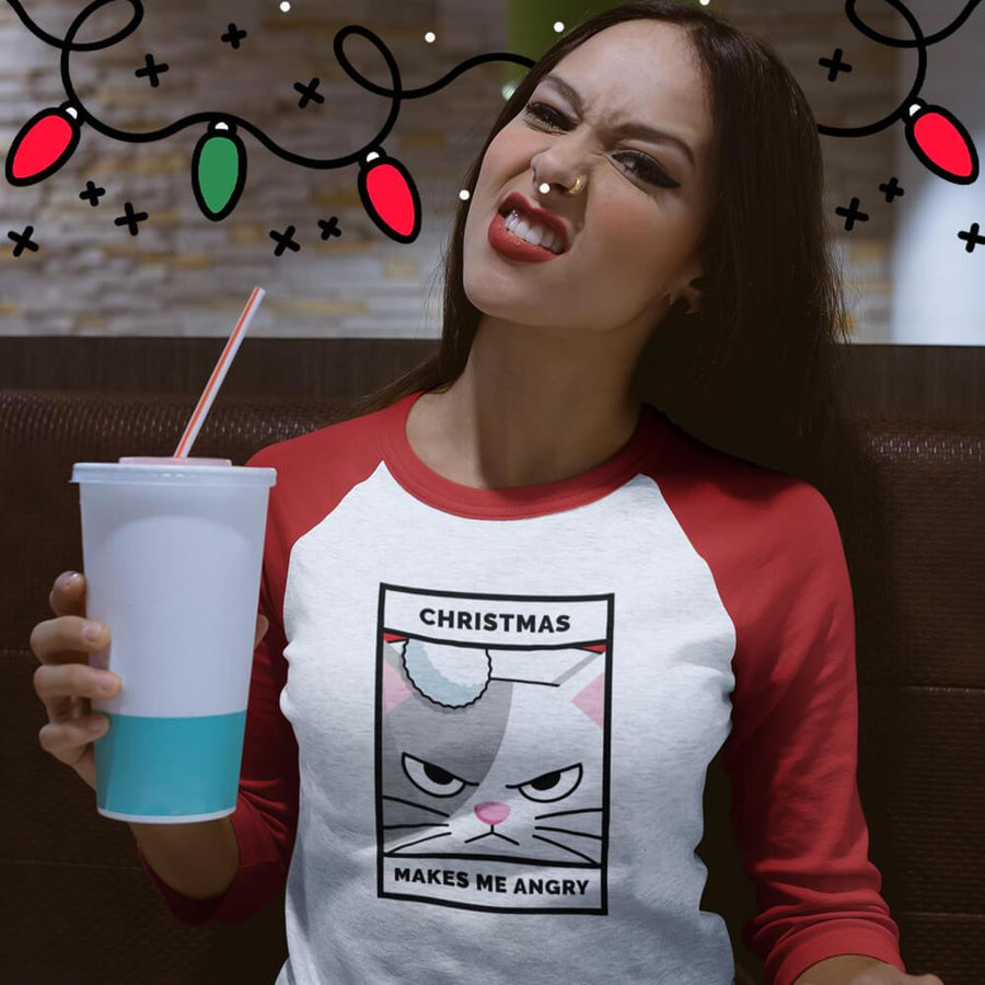 Christmas makes me angry cat canvas unisex 3/4 raglan - HISHYPE