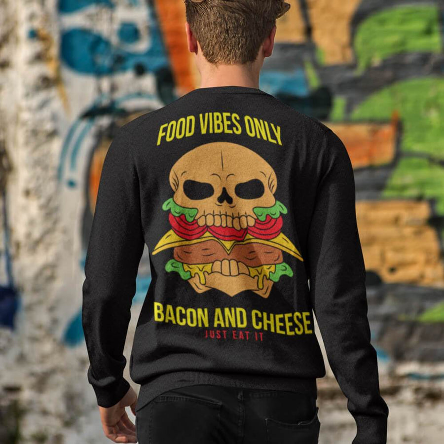 Jumbo food vibes only bacon and cheese burger skull back print crewneck sweatshirt - HISHYPE