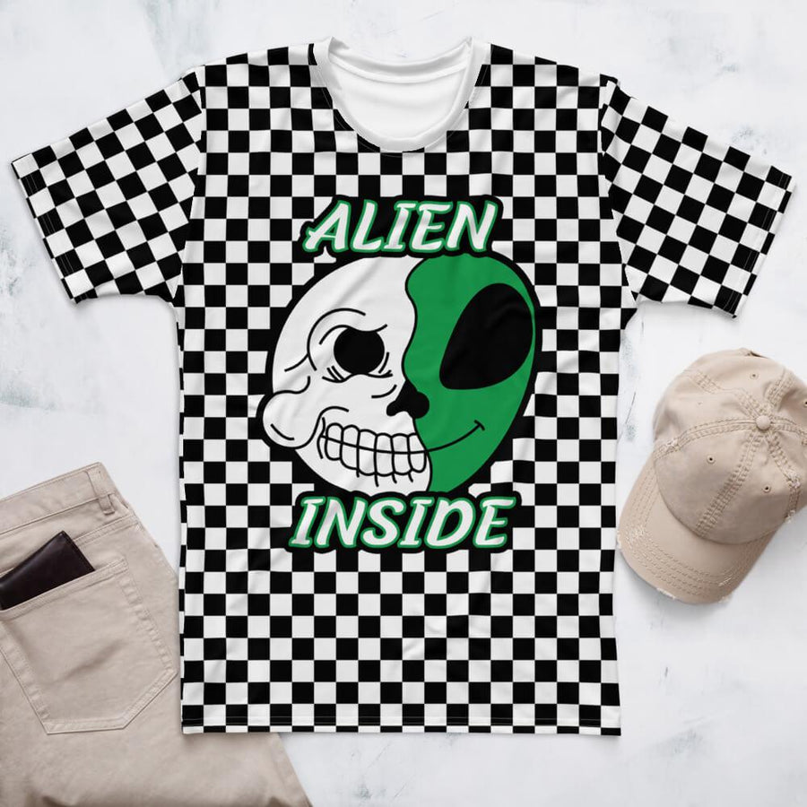 Split alien inside checkered unisex crew neck t-shirt - HISHYPE